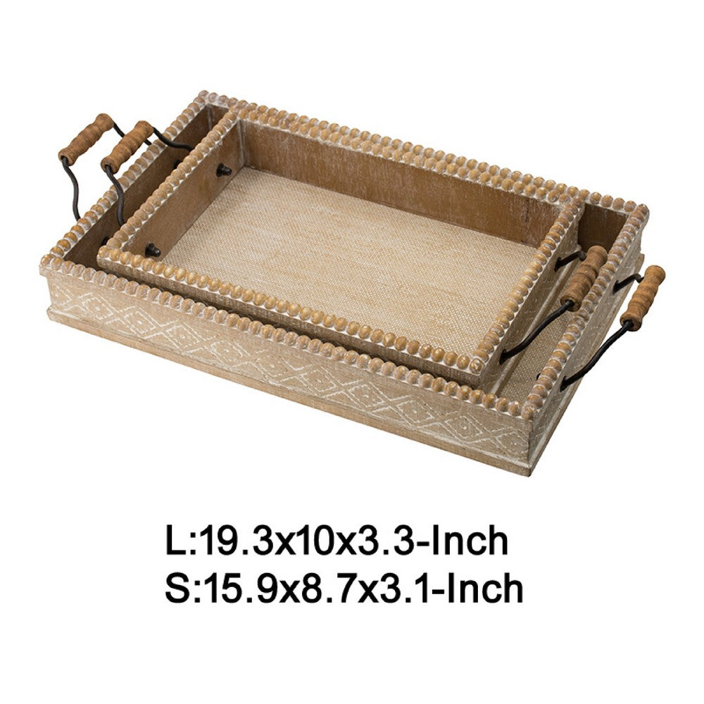Rectangular Nesting Tray Set of 2 | Beaded Edge | Whitewashed Brown Wood