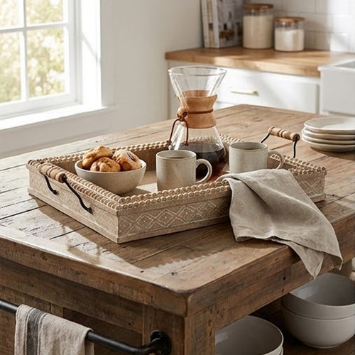 Rectangular Nesting Tray Set of 2 | Beaded Edge | Whitewashed Brown Wood