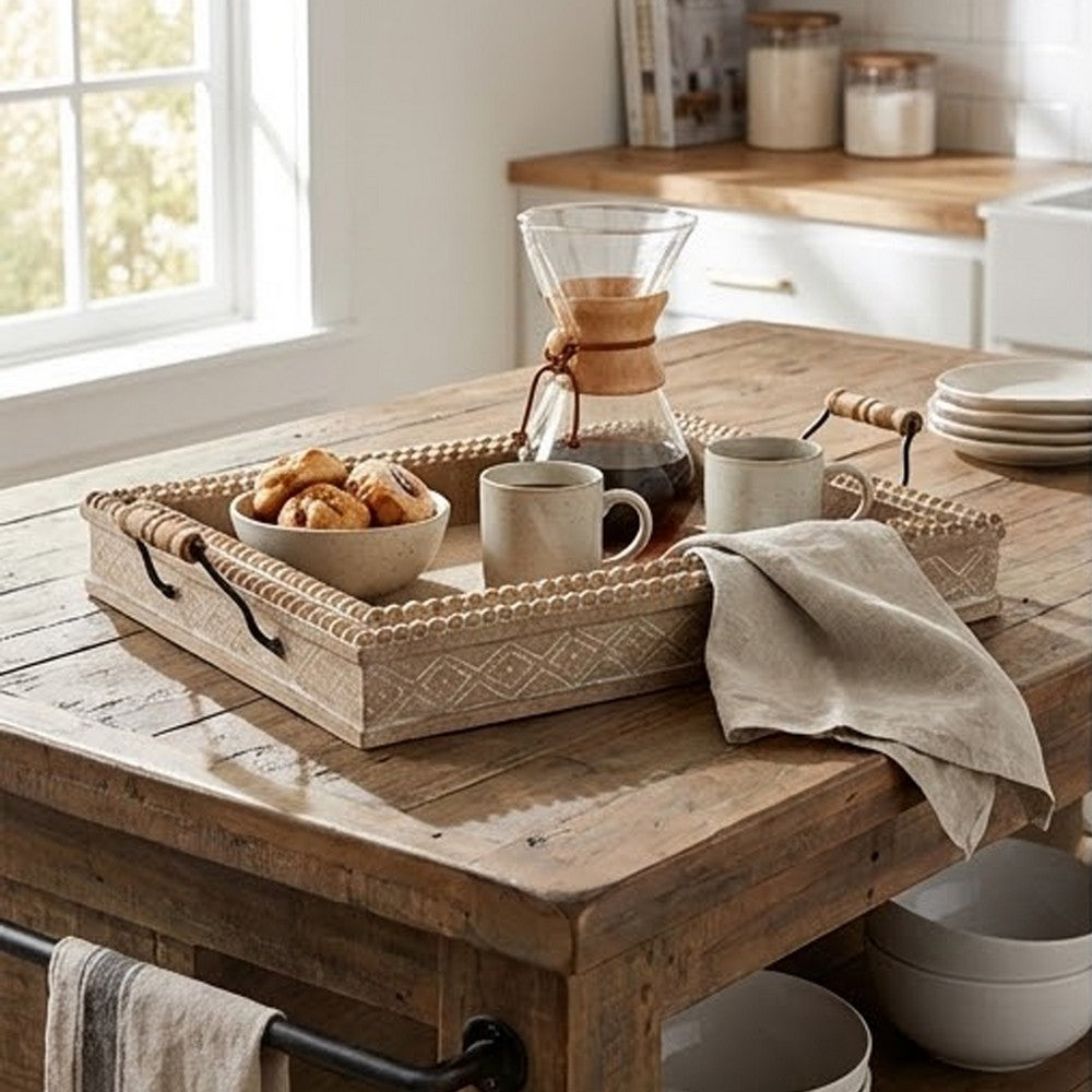 Rectangular Nesting Tray Set of 2 | Beaded Edge | Whitewashed Brown Wood