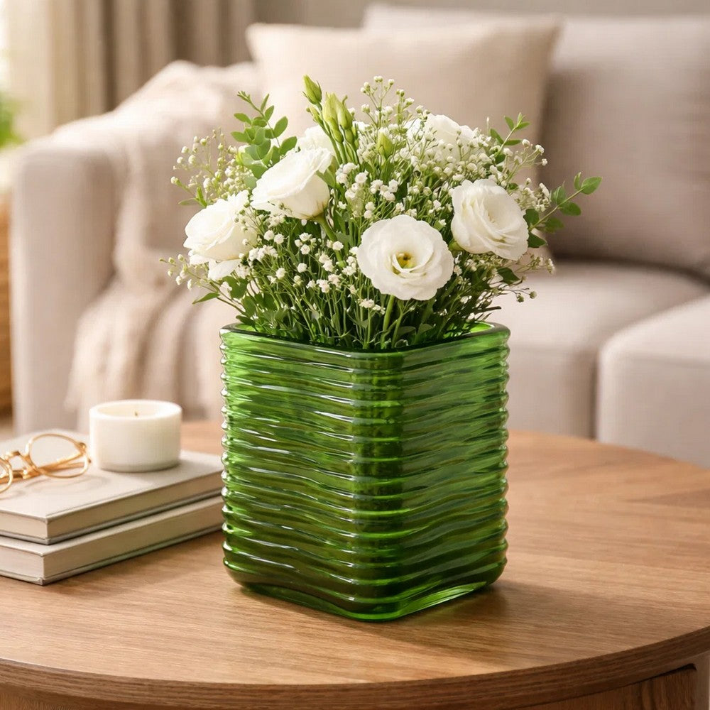 Decorative Vase | Square Shaped Rippled Texture | Green Resin 9"