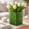 Decorative Vase | Square Shaped Rippled Texture | Green Resin 9"