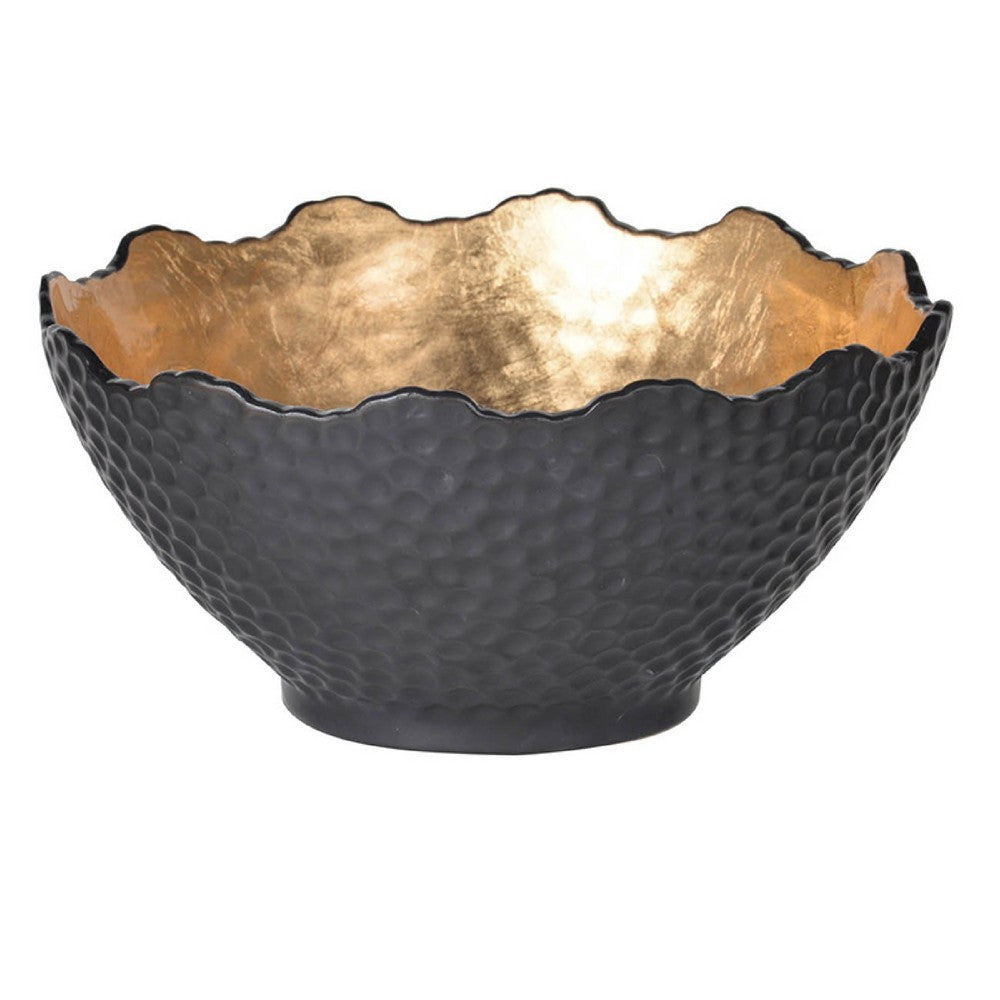 Decorative Bowl | Lotus Leaf Rim | Hammered Gold & Black Stoneware 10"