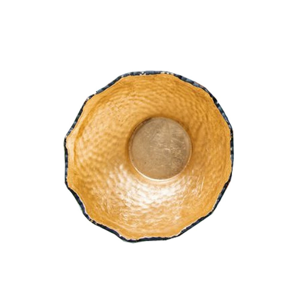 Decorative Bowl | Lotus Leaf Rim | Hammered Gold & Black Stoneware 10"