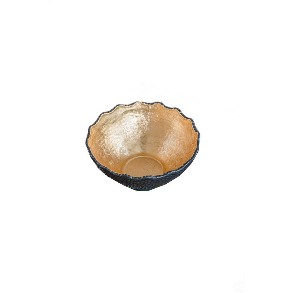 Decorative Bowl | Lotus Leaf Rim | Hammered Gold & Black Stoneware 10"
