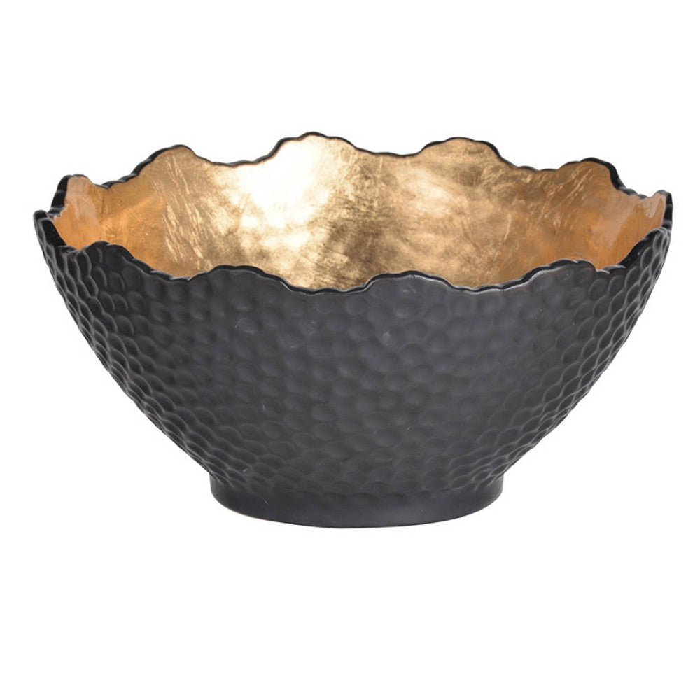 Decorative Bowl | Lotus Leaf Rim | Hammered Gold & Black Stoneware 10"