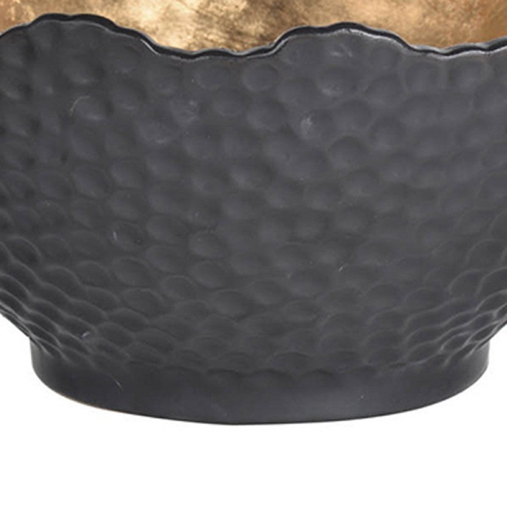 Decorative Bowl | Lotus Leaf Rim | Hammered Gold & Black Stoneware 10"