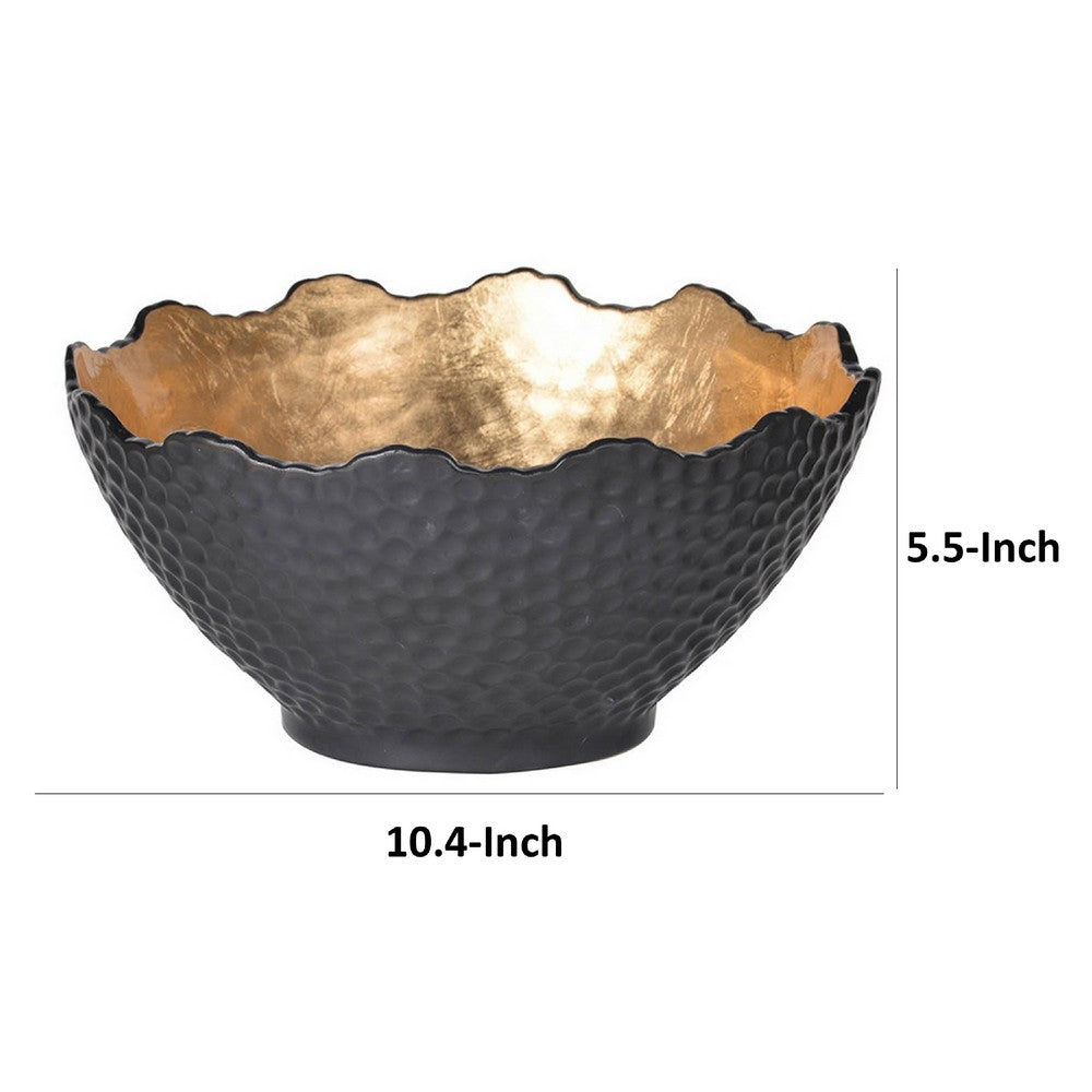 Decorative Bowl | Lotus Leaf Rim | Hammered Gold & Black Stoneware 10"