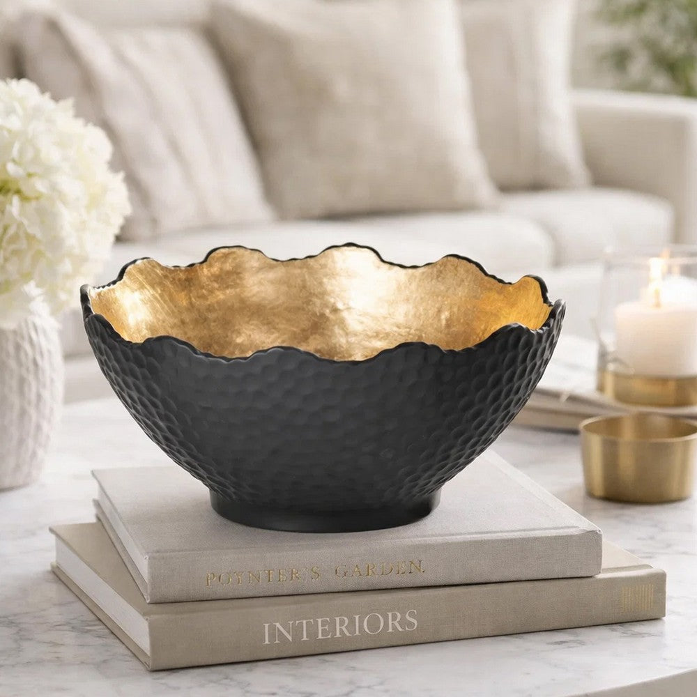 Decorative Bowl | Lotus Leaf Rim | Hammered Gold & Black Stoneware 10"