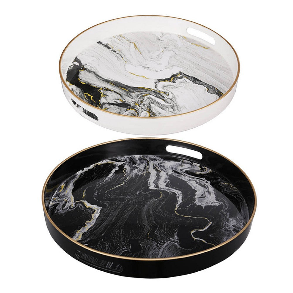 Qune 2pc Round Trays | Cutout Handles | Plastic Black & White Faux Marble