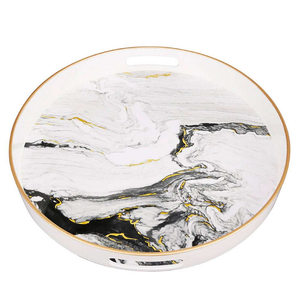 Qune 2pc Round Trays | Cutout Handles | Plastic Black & White Faux Marble