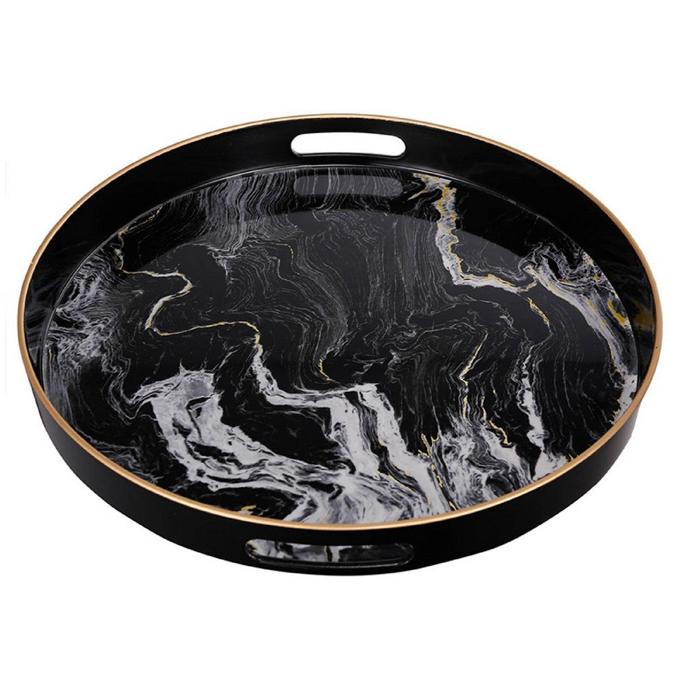 Qune 2pc Round Trays | Cutout Handles | Plastic Black & White Faux Marble