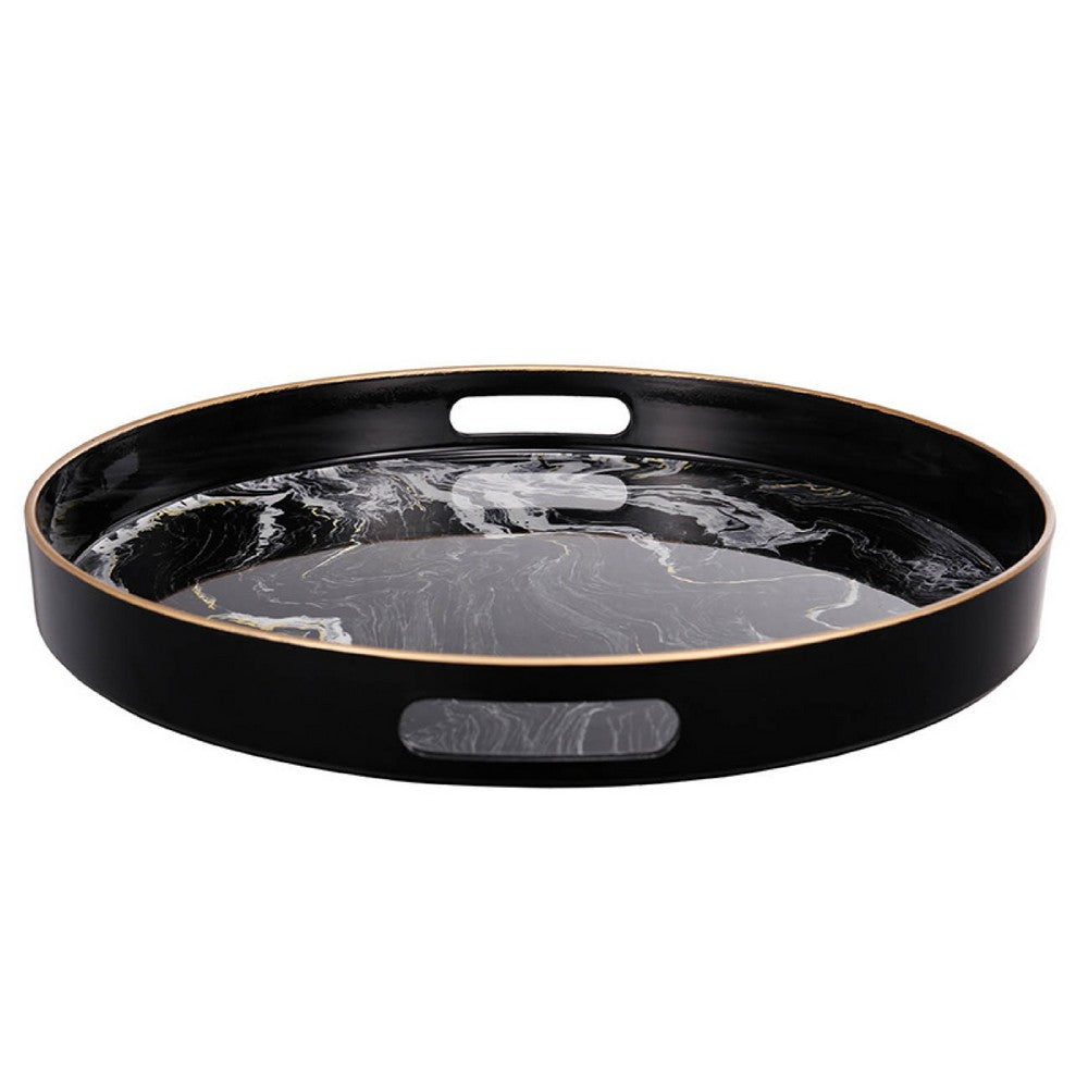 Qune 2pc Round Trays | Cutout Handles | Plastic Black & White Faux Marble
