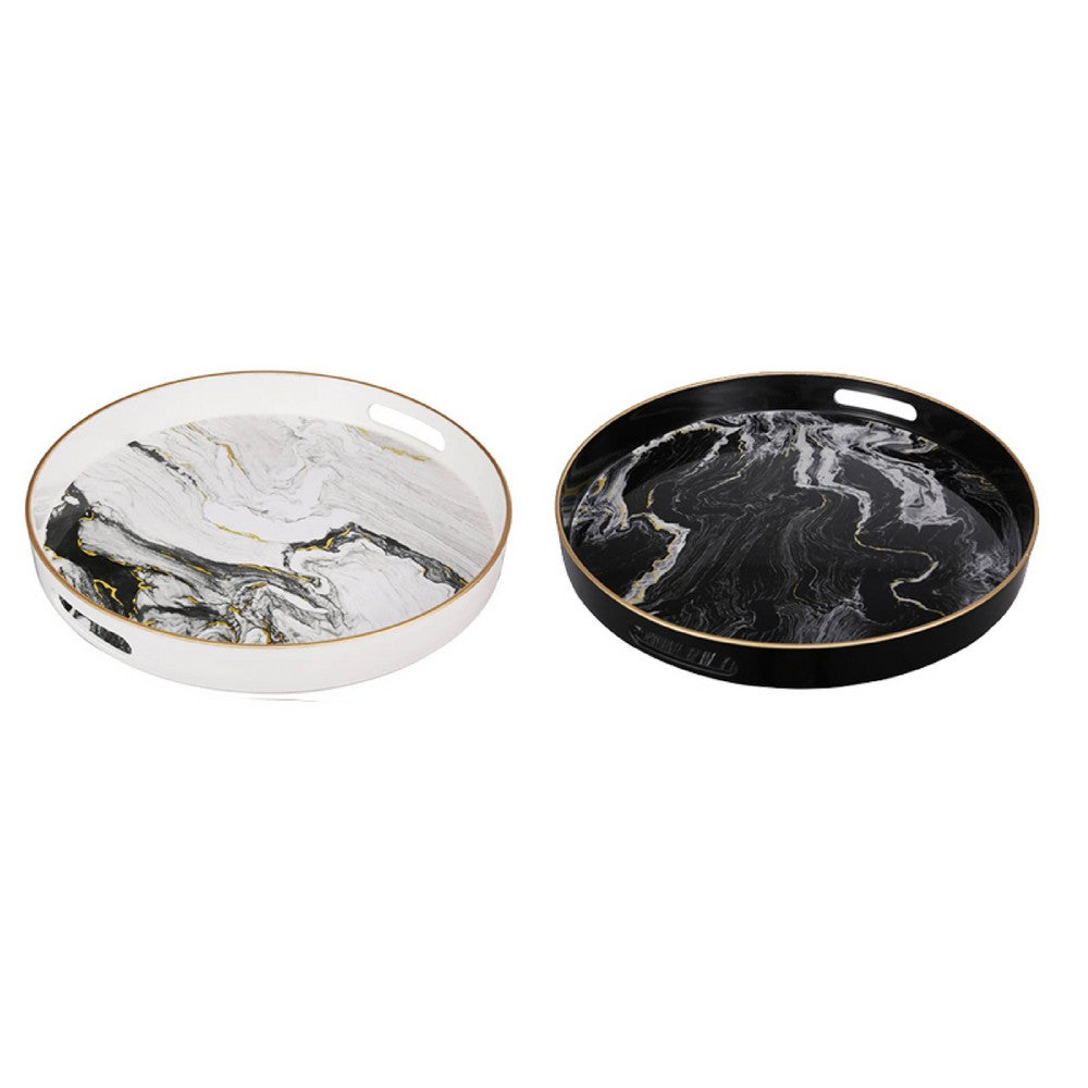 Qune 2pc Round Trays | Cutout Handles | Plastic Black & White Faux Marble