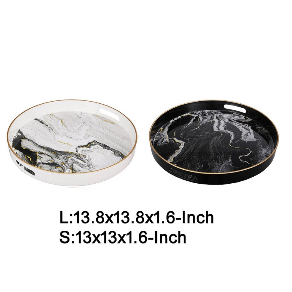 Qune 2pc Round Trays | Cutout Handles | Plastic Black & White Faux Marble