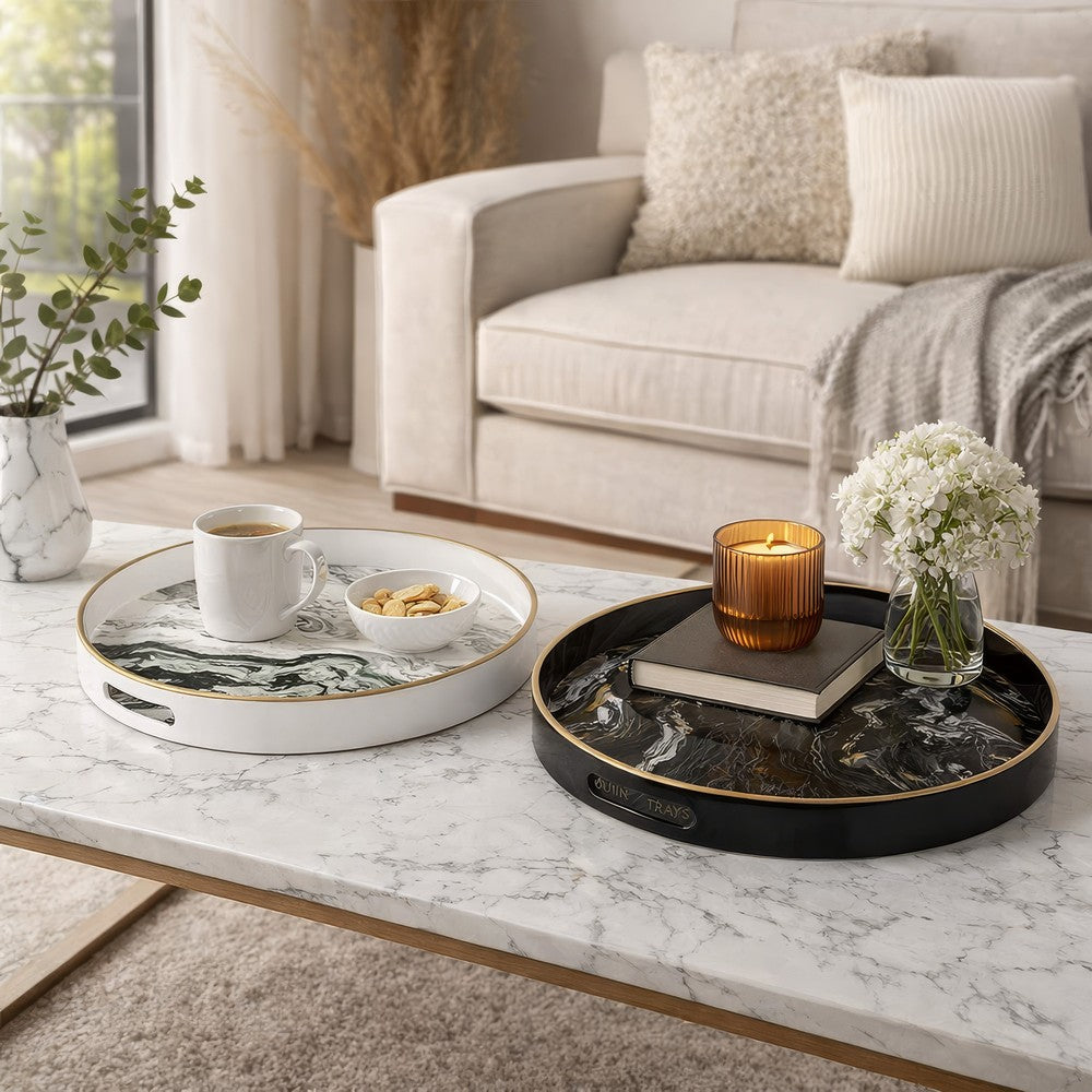 Qune 2pc Round Trays | Cutout Handles | Plastic Black & White Faux Marble