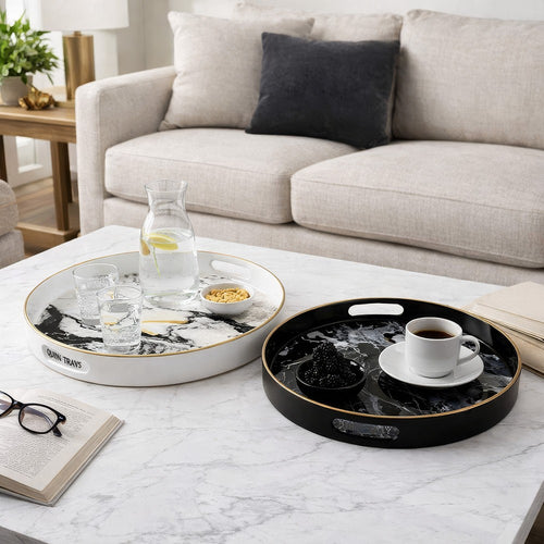 Qune 2pc Round Trays | Cutout Handles | Plastic Black & White Faux Marble
