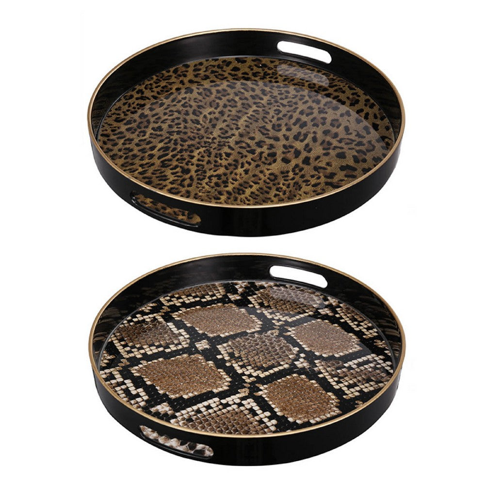 Qune 2pc Round Trays | Cutout Handles | Black & Brown Safari Themed Design