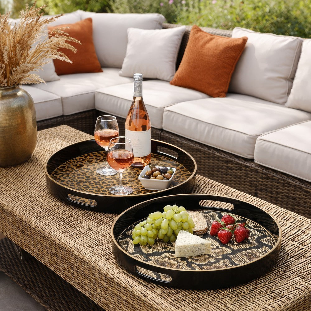 Qune 2pc Round Trays | Cutout Handles | Black & Brown Safari Themed Design