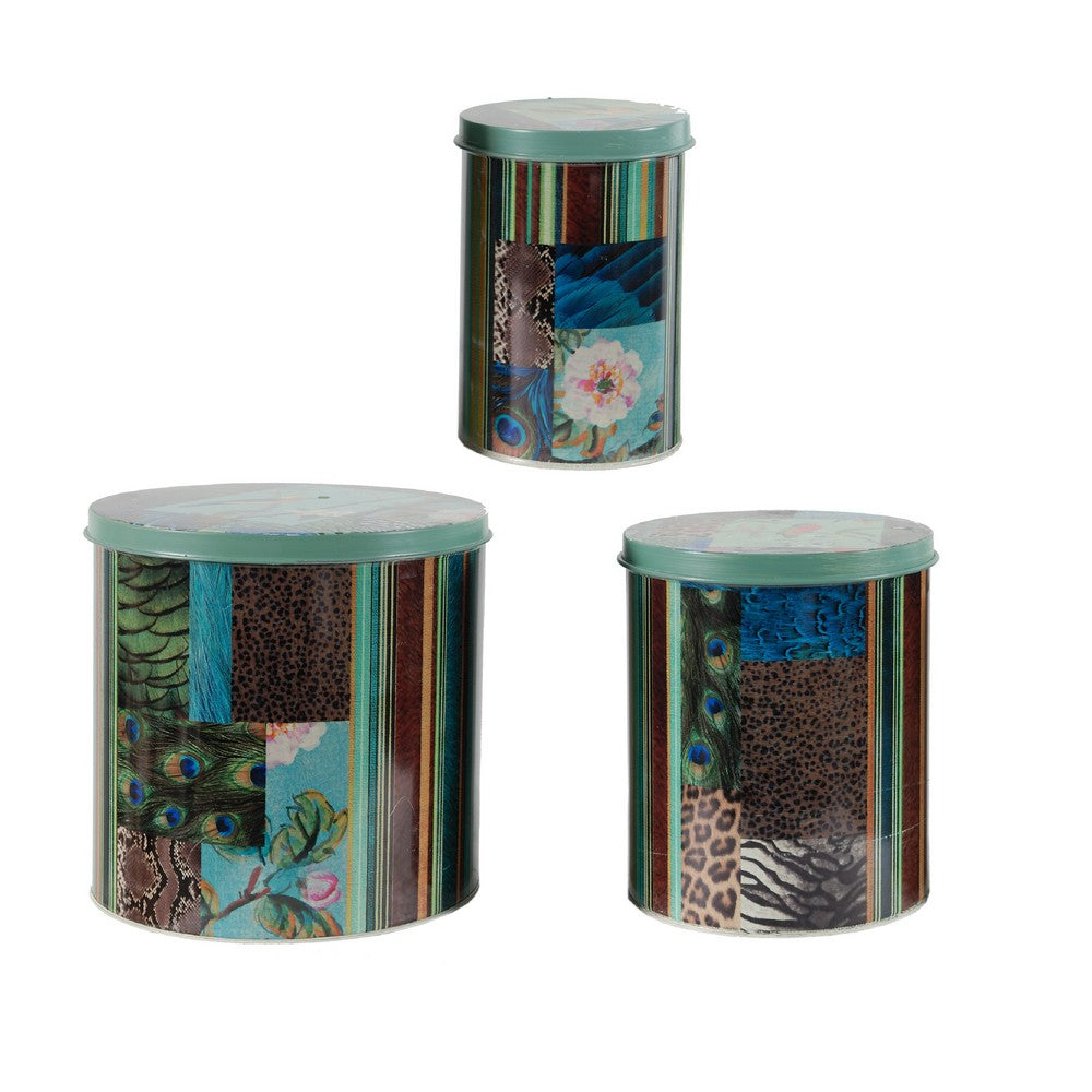 Yuva Decorative Box Set of 3 | Animal Motifs & Stripes | Green Tin Metal