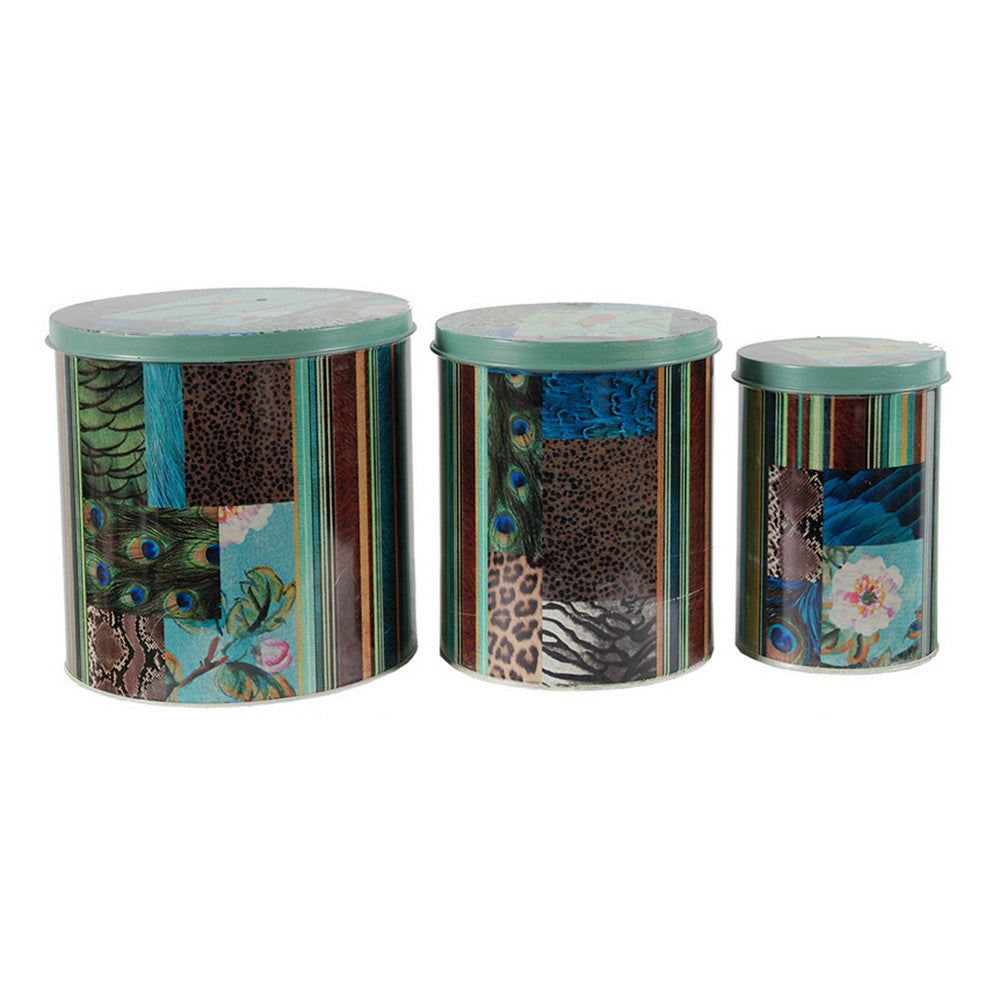 Yuva Decorative Box Set of 3 | Animal Motifs & Stripes | Green Tin Metal