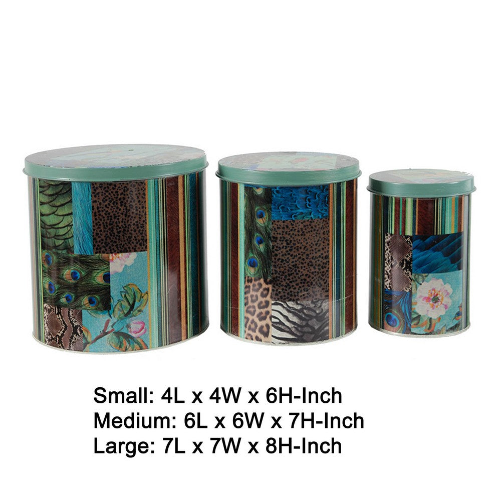 Yuva Decorative Box Set of 3 | Animal Motifs & Stripes | Green Tin Metal