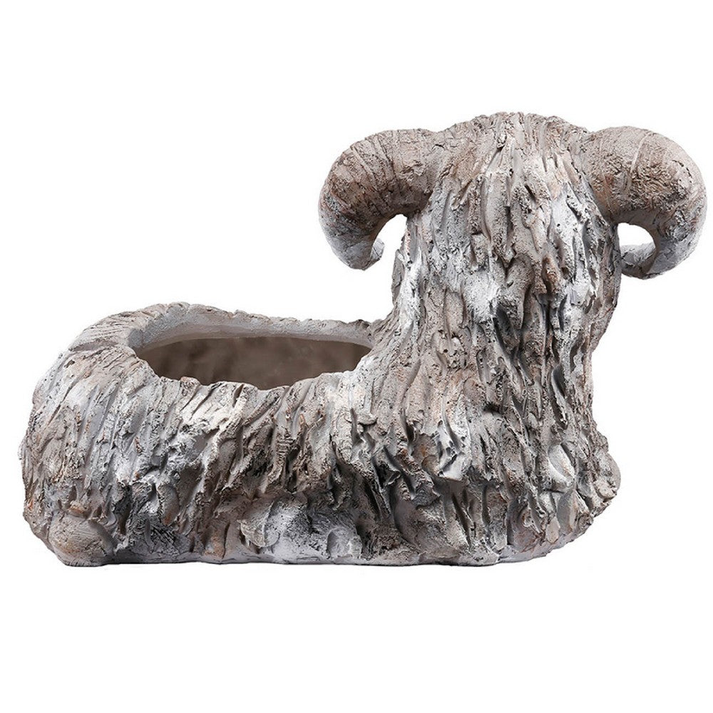 Outdoor Planter | Mountain Sheep Sculpture | Cream & Gray Resin 15"