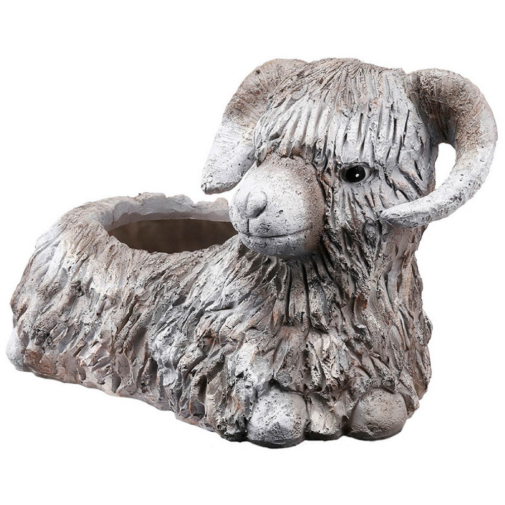 Outdoor Planter | Mountain Sheep Sculpture | Cream & Gray Resin 15"