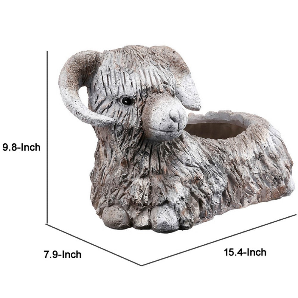 Outdoor Planter | Mountain Sheep Sculpture | Cream & Gray Resin 15"