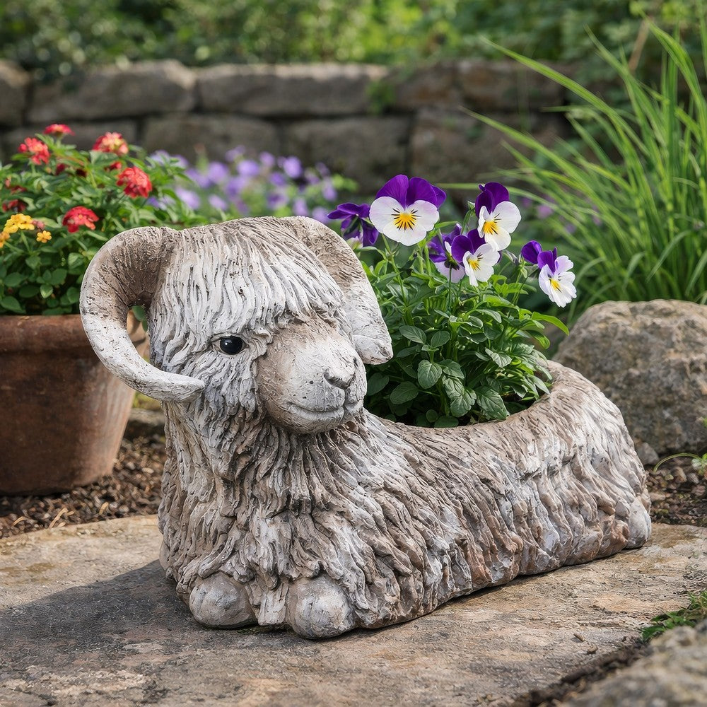 Outdoor Planter | Mountain Sheep Sculpture | Cream & Gray Resin 15"