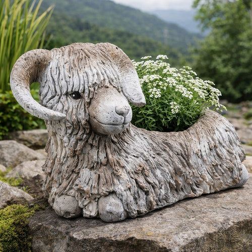 Outdoor Planter | Mountain Sheep Sculpture | Cream & Gray Resin 15"