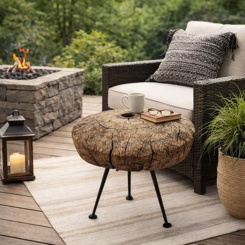 Low Accent End Table | Cart Wheel on Tripod Stand | Brown & Black 18"