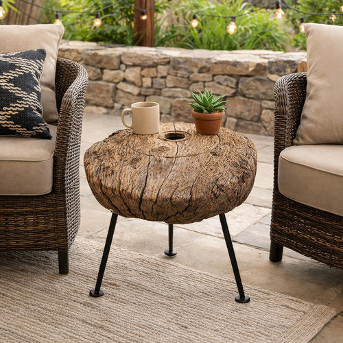 Low Accent End Table | Cart Wheel on Tripod Stand | Brown & Black 18"