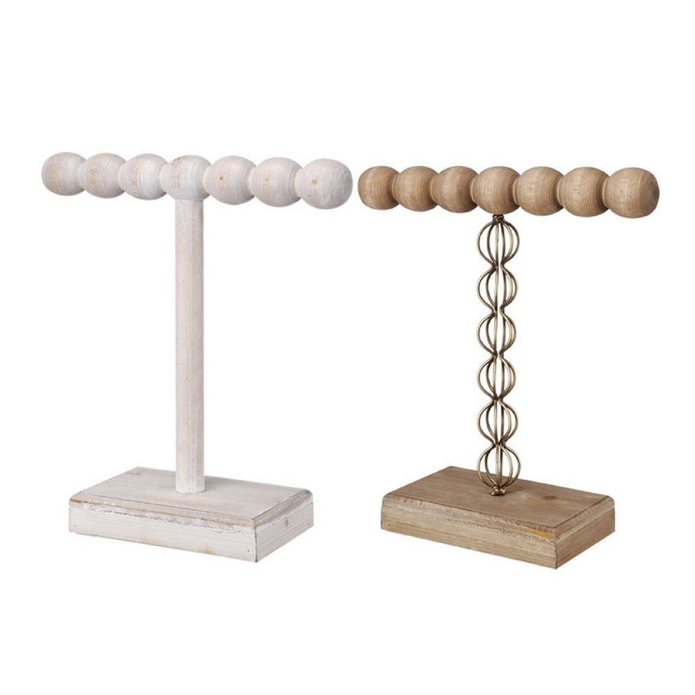1-Tier Jewelry Stand Set of 2 | Luxe Brown & Ivory Wood | T Shape 18"