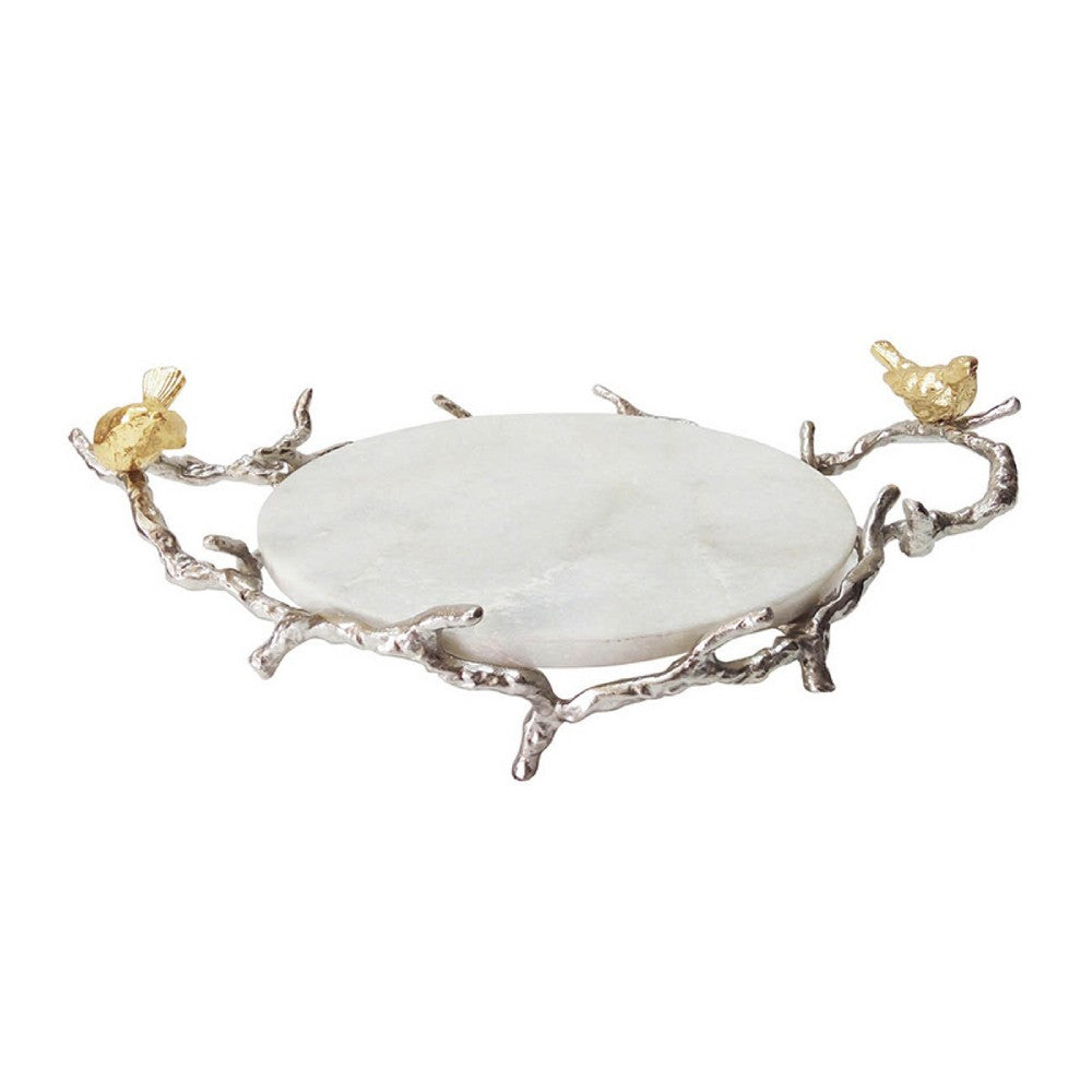Vada Decorative Tray | Marble Disc | Silver Branch Handles w Birds | 17"