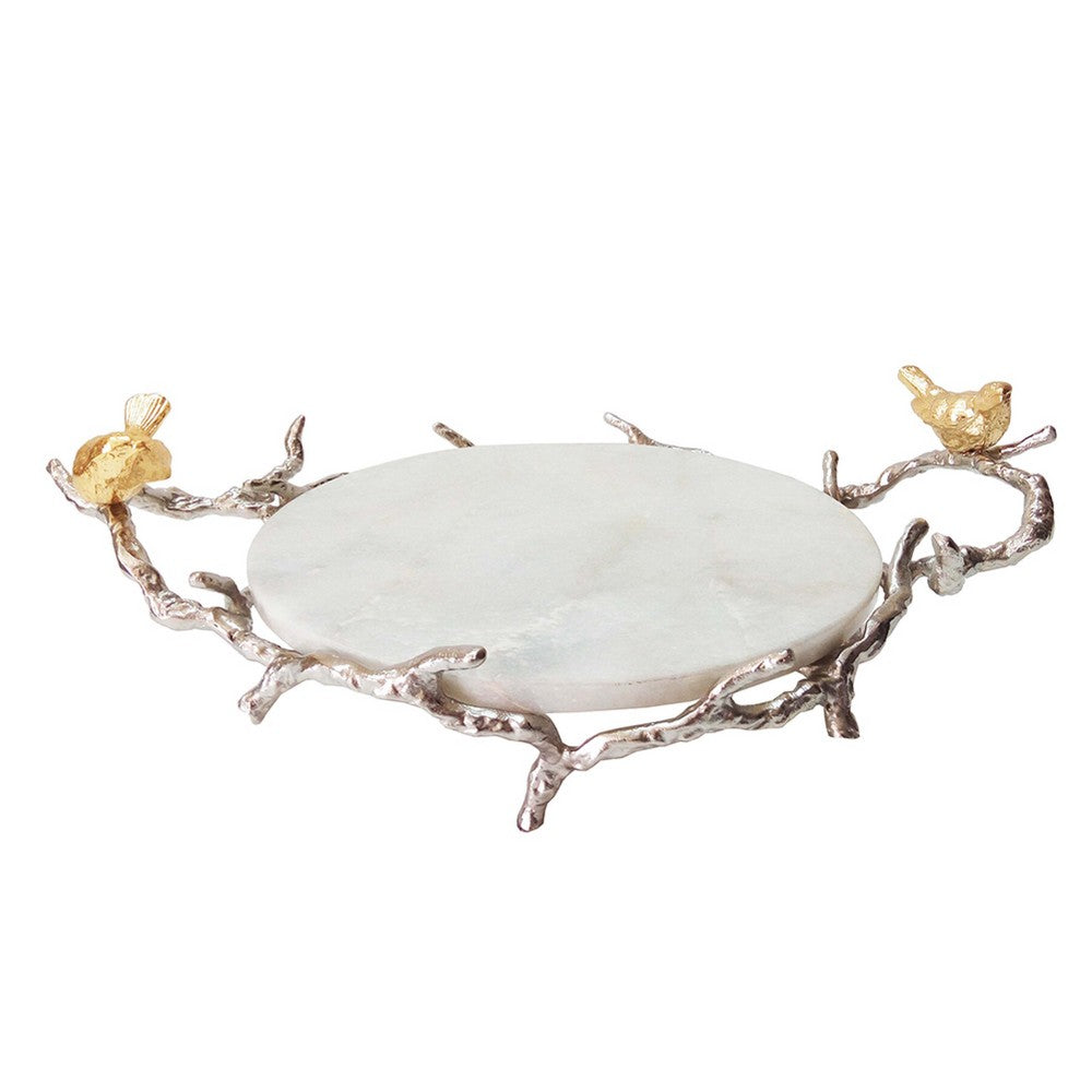 Vada Decorative Tray | Marble Disc | Silver Branch Handles w Birds | 17"