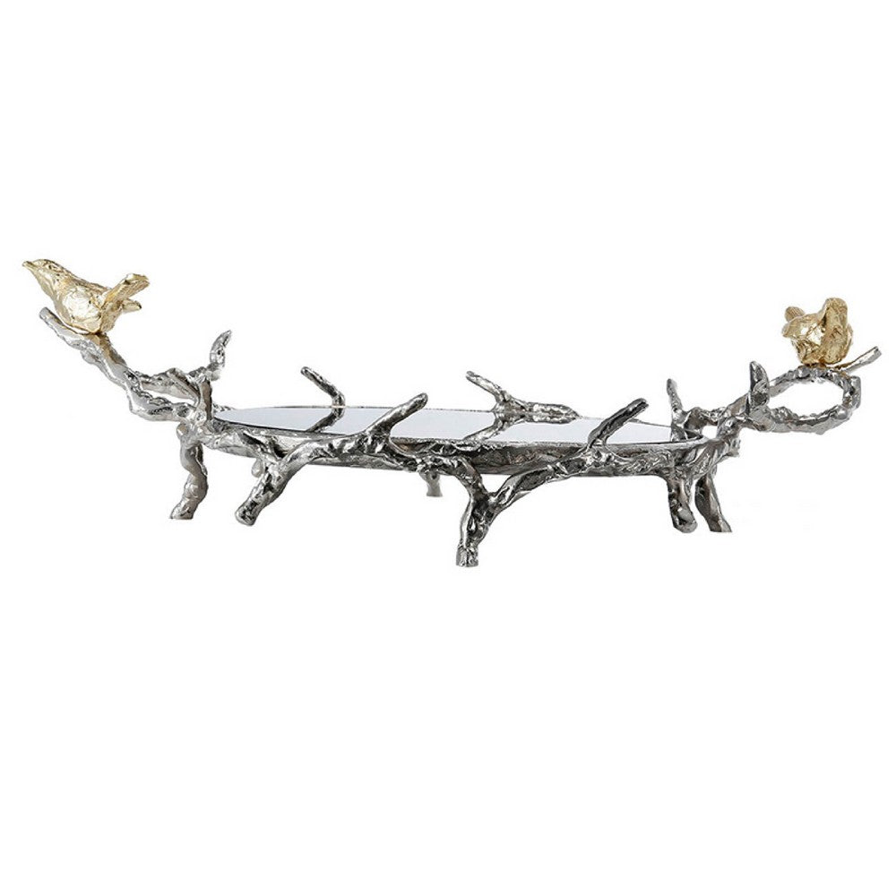 Vada Decorative Tray | Marble Disc | Silver Branch Handles w Birds | 17"