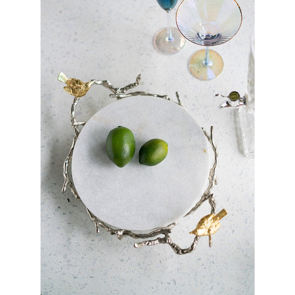 Vada Decorative Tray | Marble Disc | Silver Branch Handles w Birds | 17"