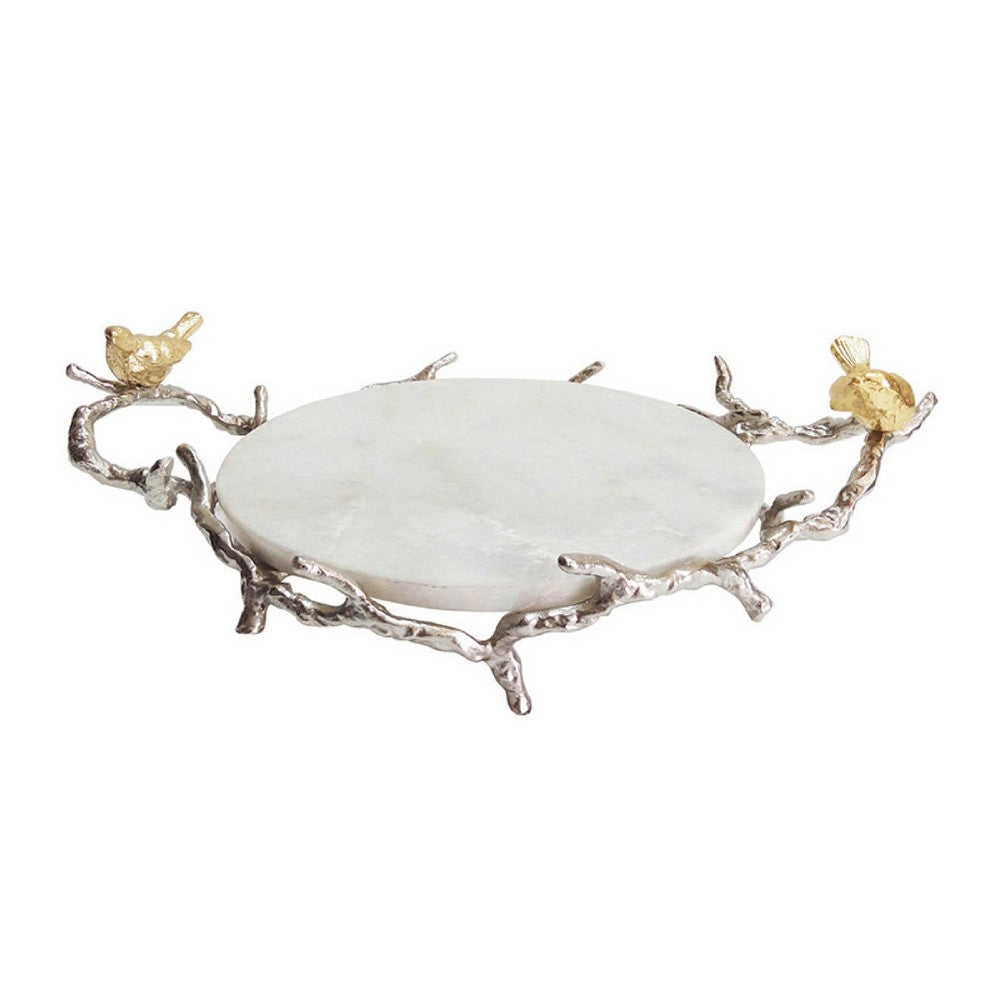 Vada Decorative Tray | Marble Disc | Silver Branch Handles w Birds | 17"