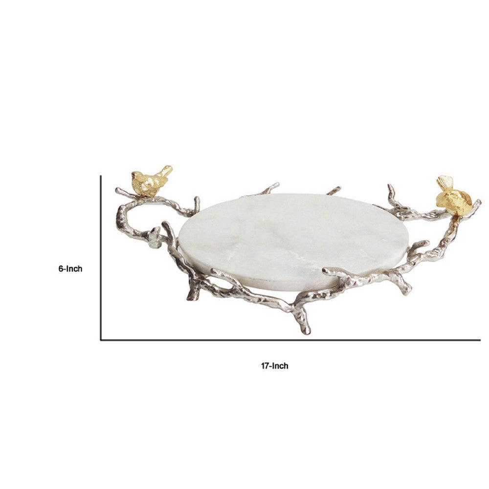 Vada Decorative Tray | Marble Disc | Silver Branch Handles w Birds | 17"