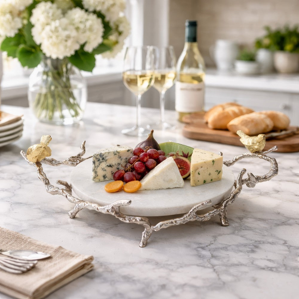 Vada Decorative Tray | Marble Disc | Silver Branch Handles w Birds | 17"