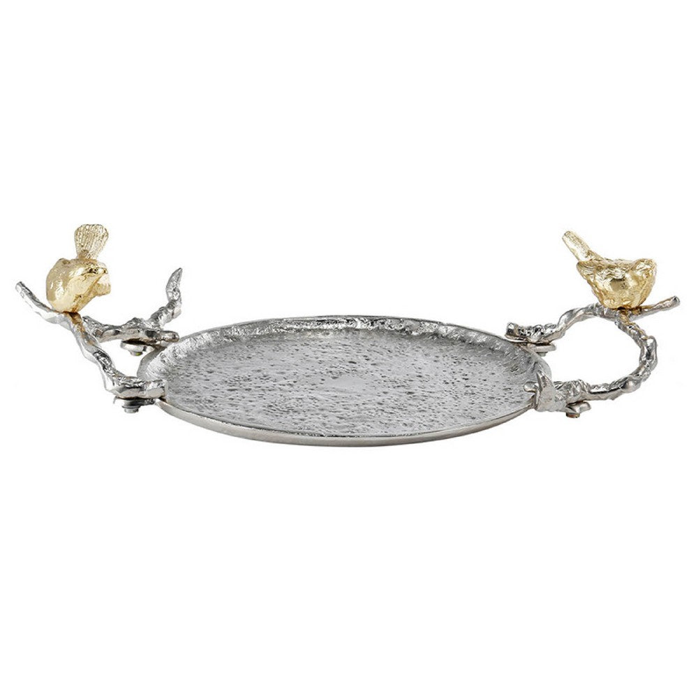 Vada Decorative Tray | Aluminum Disc | Silver Branch Handles w Birds | 14"
