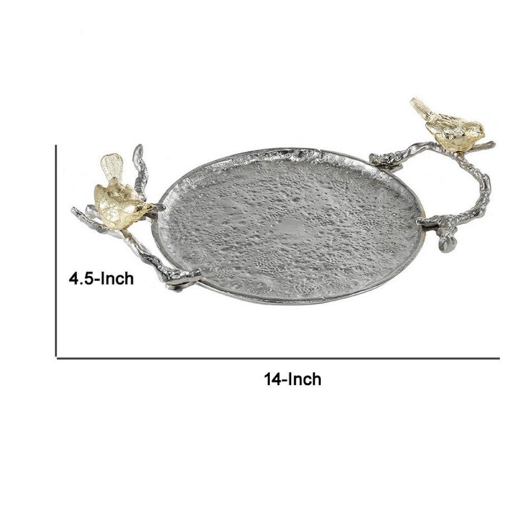 Vada Decorative Tray | Aluminum Disc | Silver Branch Handles w Birds | 14"