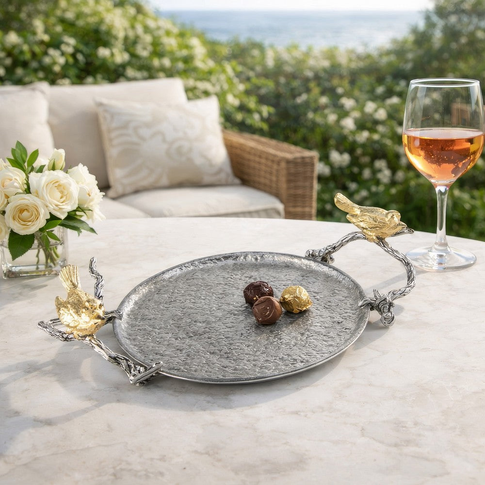 Vada Decorative Tray | Aluminum Disc | Silver Branch Handles w Birds | 14"