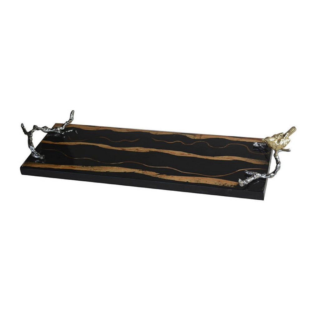 Vada Rectangular Tray | Silver Branch Handles w Bird | Brown Wood | 26"