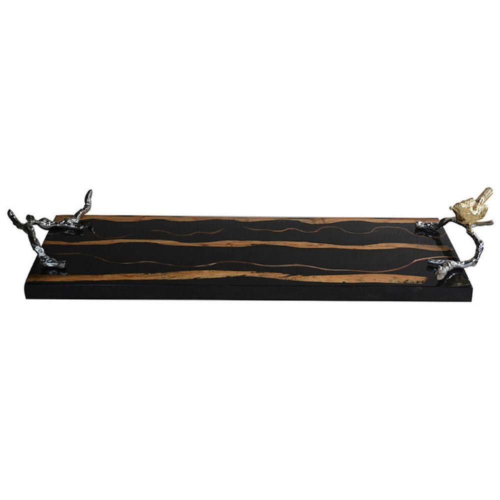 Vada Rectangular Tray | Silver Branch Handles w Bird | Brown Wood | 26"