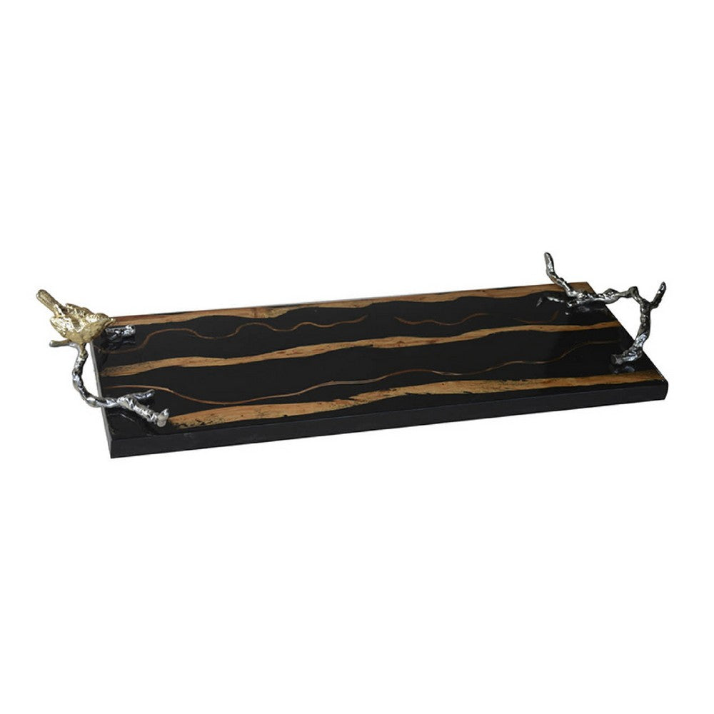 Vada Rectangular Tray | Silver Branch Handles w Bird | Brown Wood | 26"