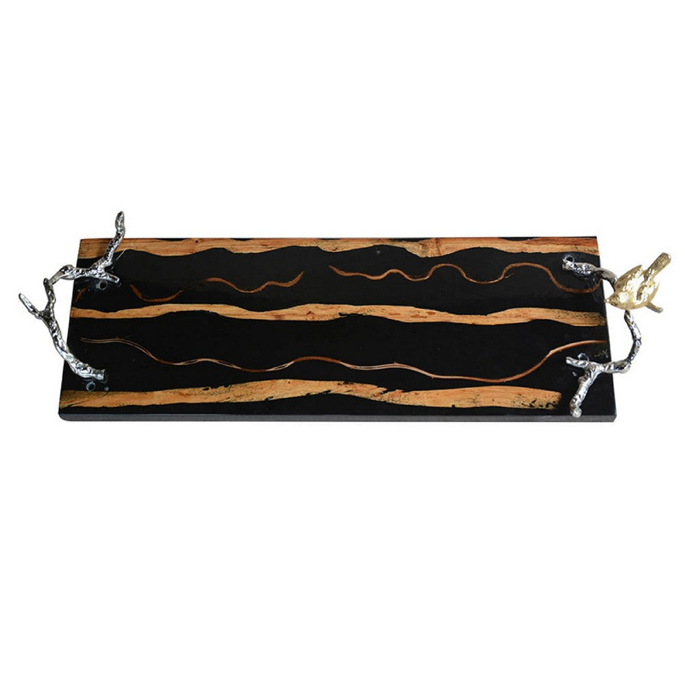 Vada Rectangular Tray | Silver Branch Handles w Bird | Brown Wood | 26"