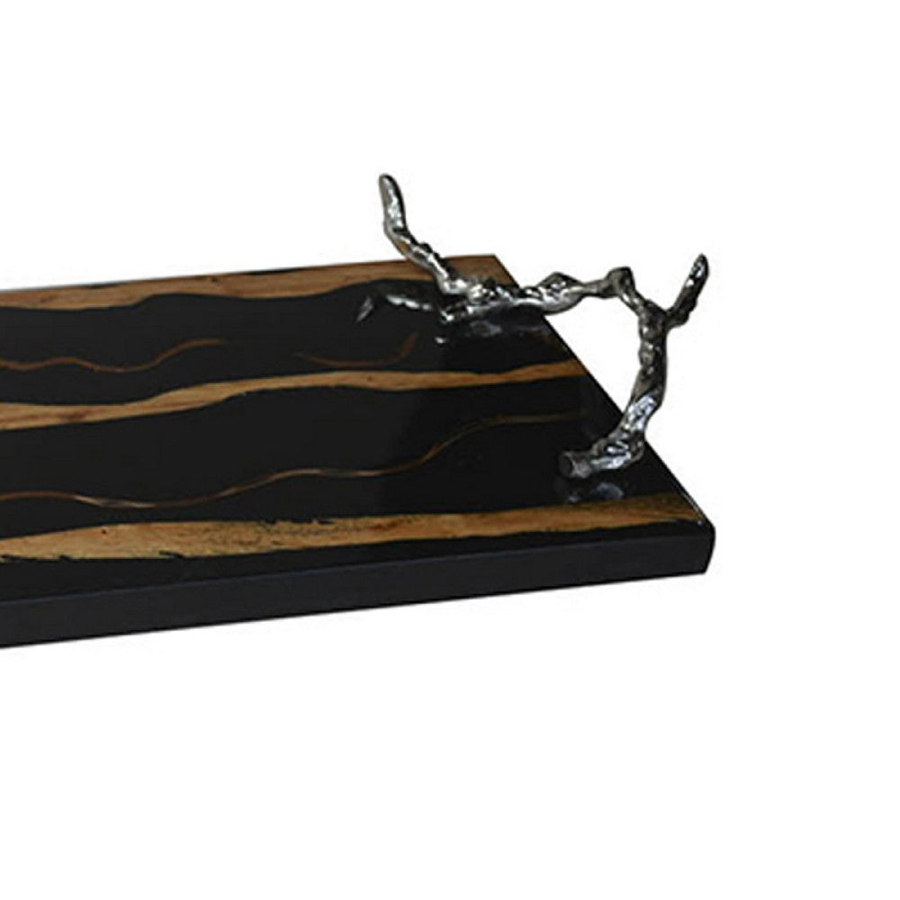 Vada Rectangular Tray | Silver Branch Handles w Bird | Brown Wood | 26"