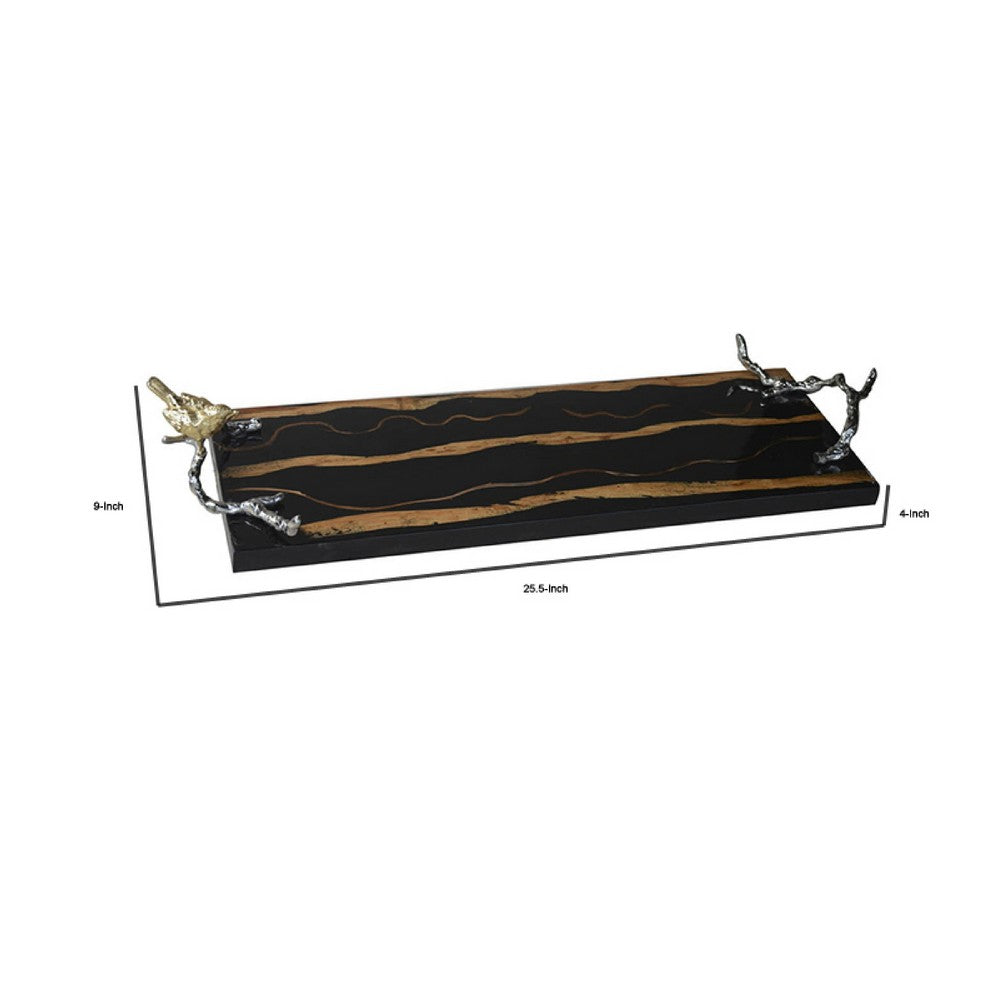 Vada Rectangular Tray | Silver Branch Handles w Bird | Brown Wood | 26"