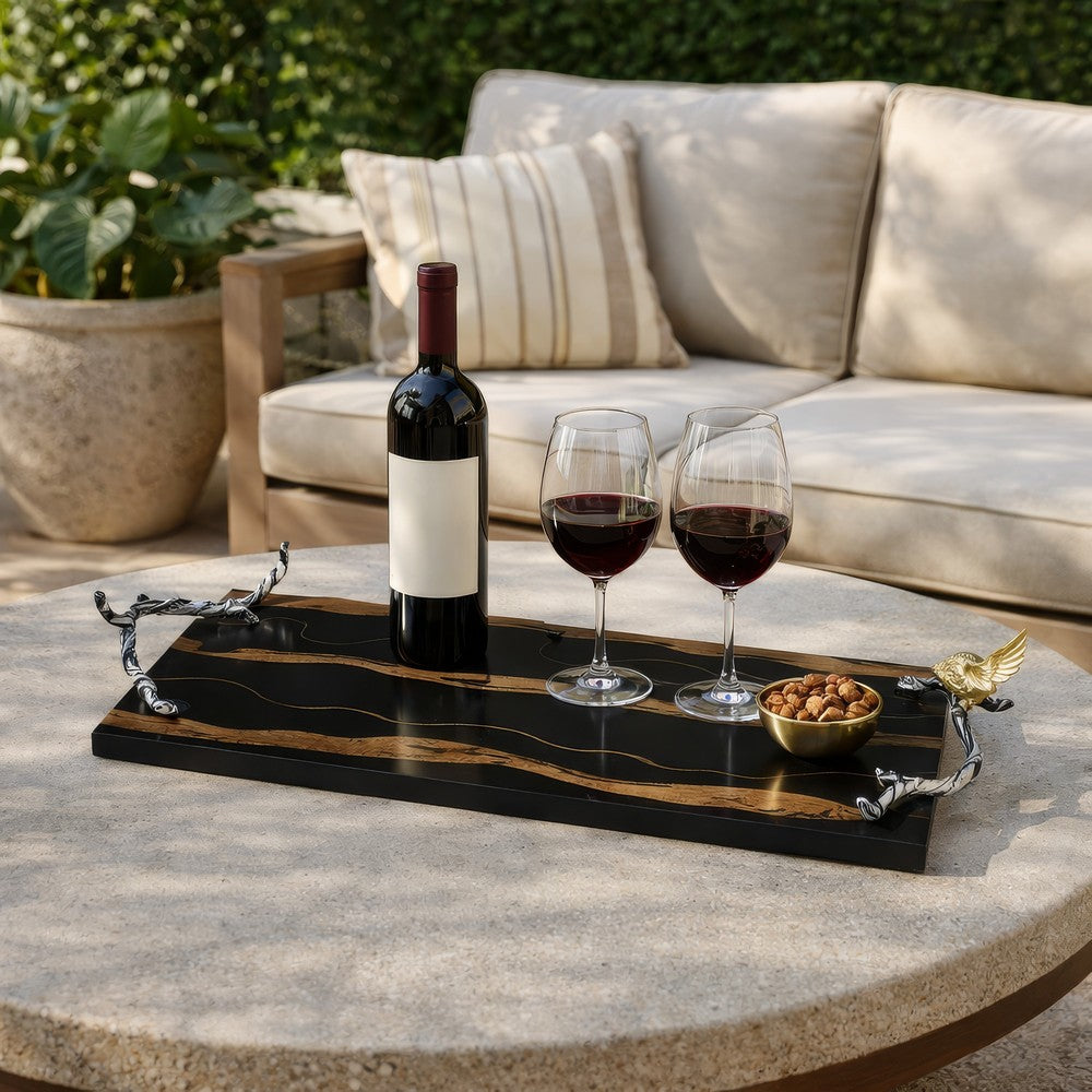 Vada Rectangular Tray | Silver Branch Handles w Bird | Brown Wood | 26"